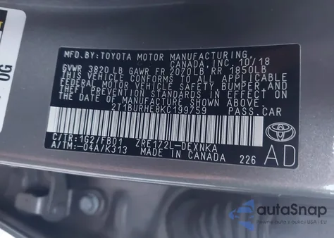 2019 Toyota Corolla Le from USA, damaged, VIN 2T1BURHE8KC199759